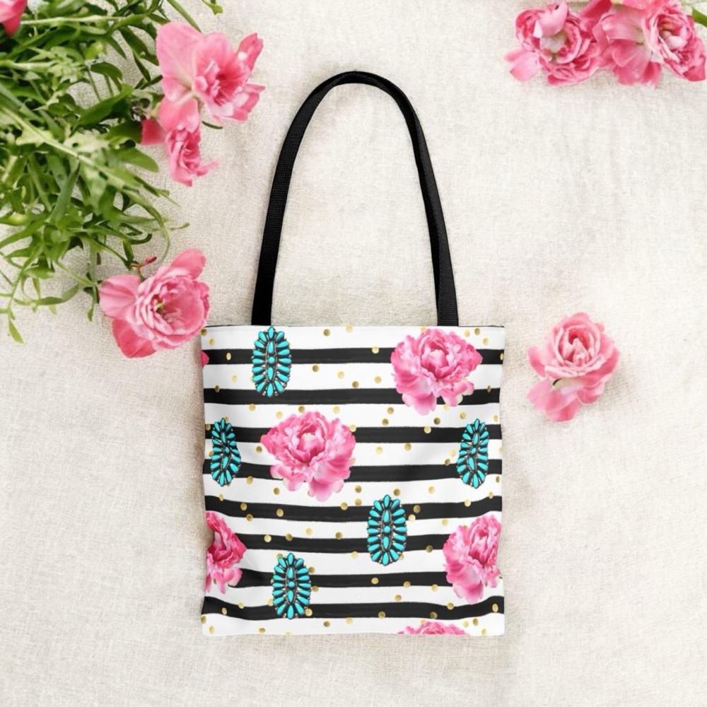 Turquoise Pendant Pink Roses Striped Tote Bag - Black and White